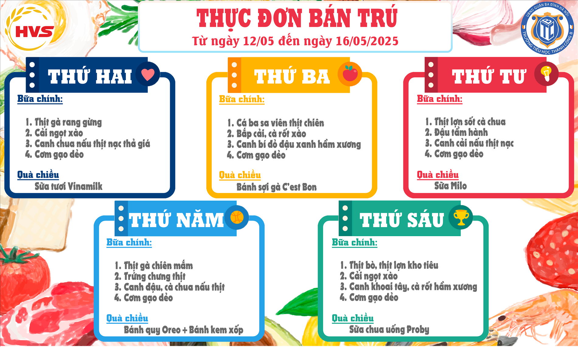 Thực đơn bán trú từ ngày 12/5 đến ngày 16/5