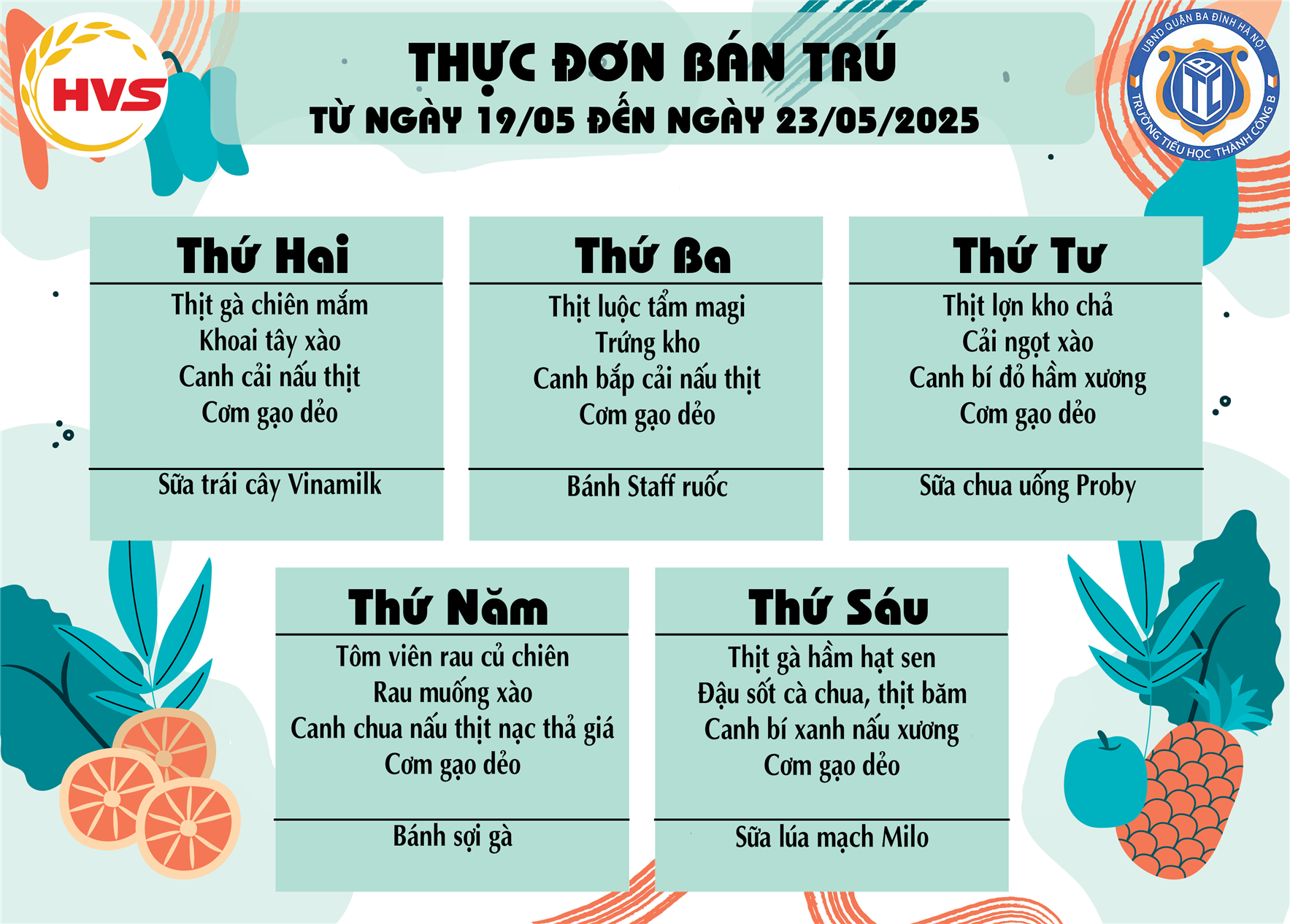 Thực đơn bán trú từ ngày 19/5 đến ngày 23/5