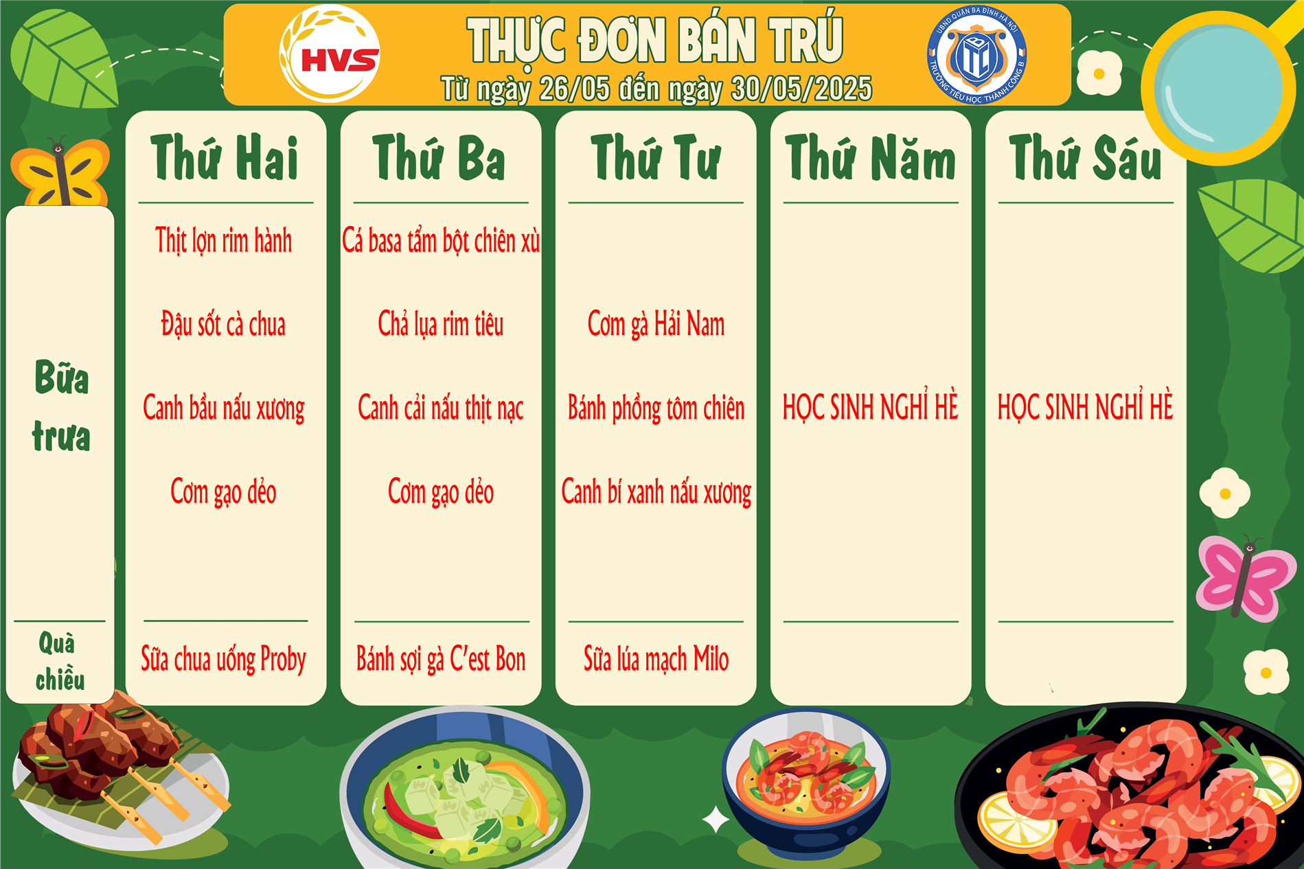 Thực đơn bán trú từ ngày 26/5 đến ngày 30/5