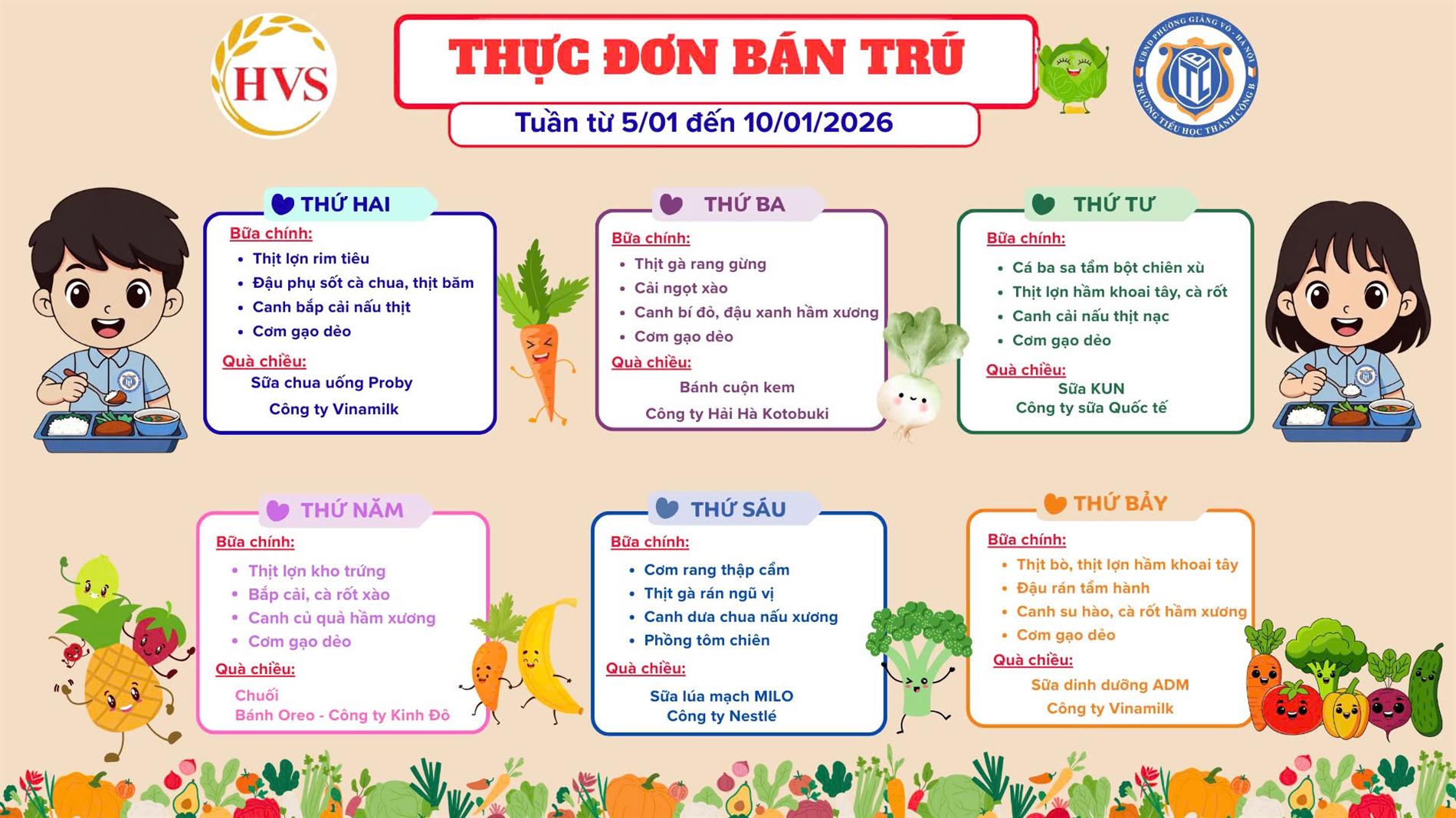 Thực đơn bán trú từ ngày 5/1 đến ngày 10/1