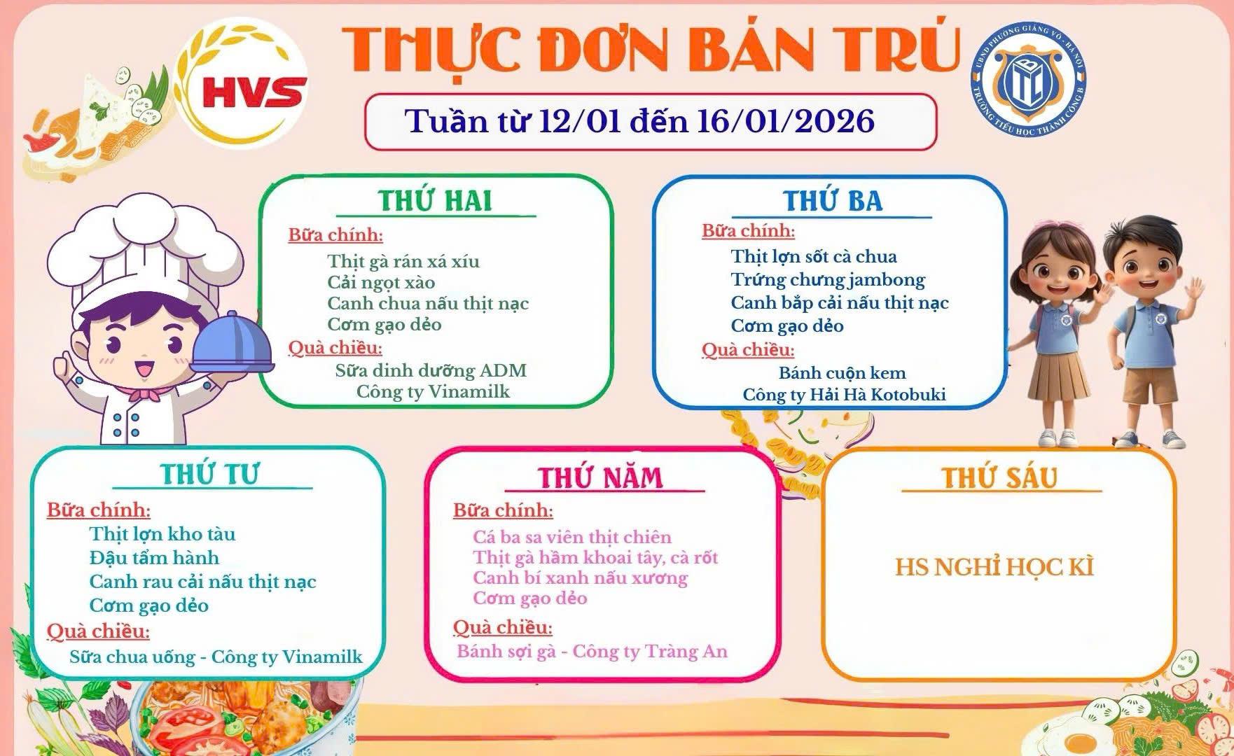Thực đơn bán trú từ ngày 12/1 đến ngày 16/1