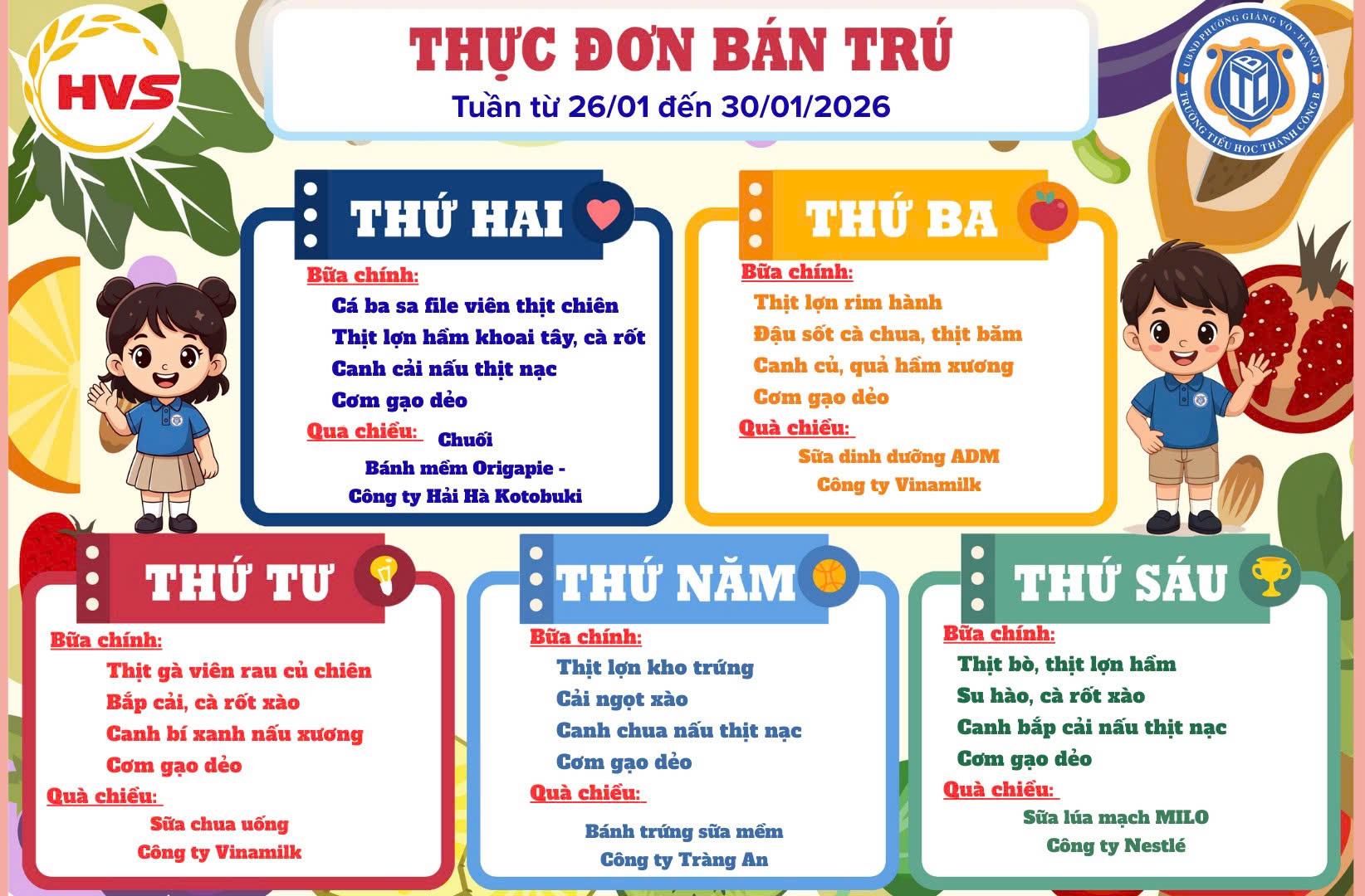 Thực đơn bán trú từ ngày 26/1 đến ngày 30/1