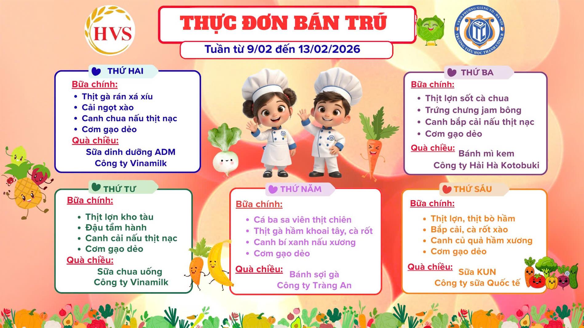 Thực đơn bán trú từ ngày 09/02 đến ngày 13/02