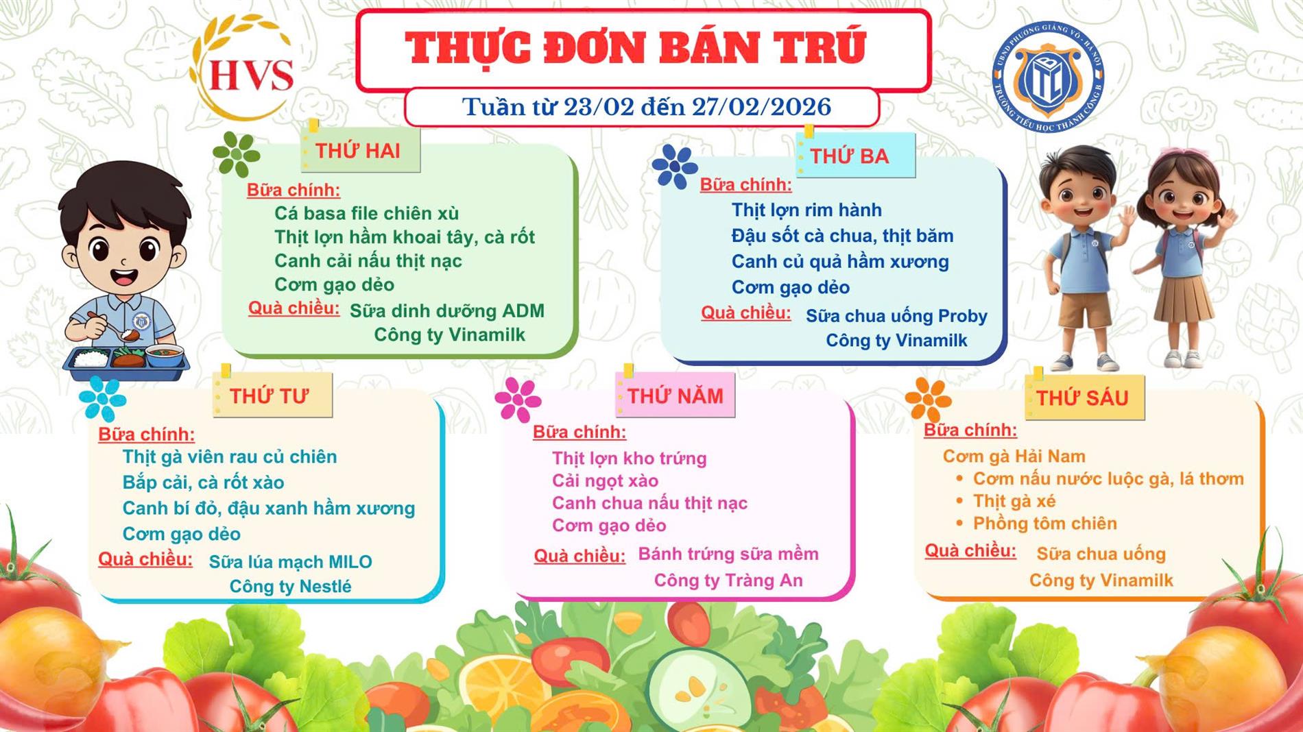 Thực đơn bán trú từ ngày 23/02 đến ngày 27/02