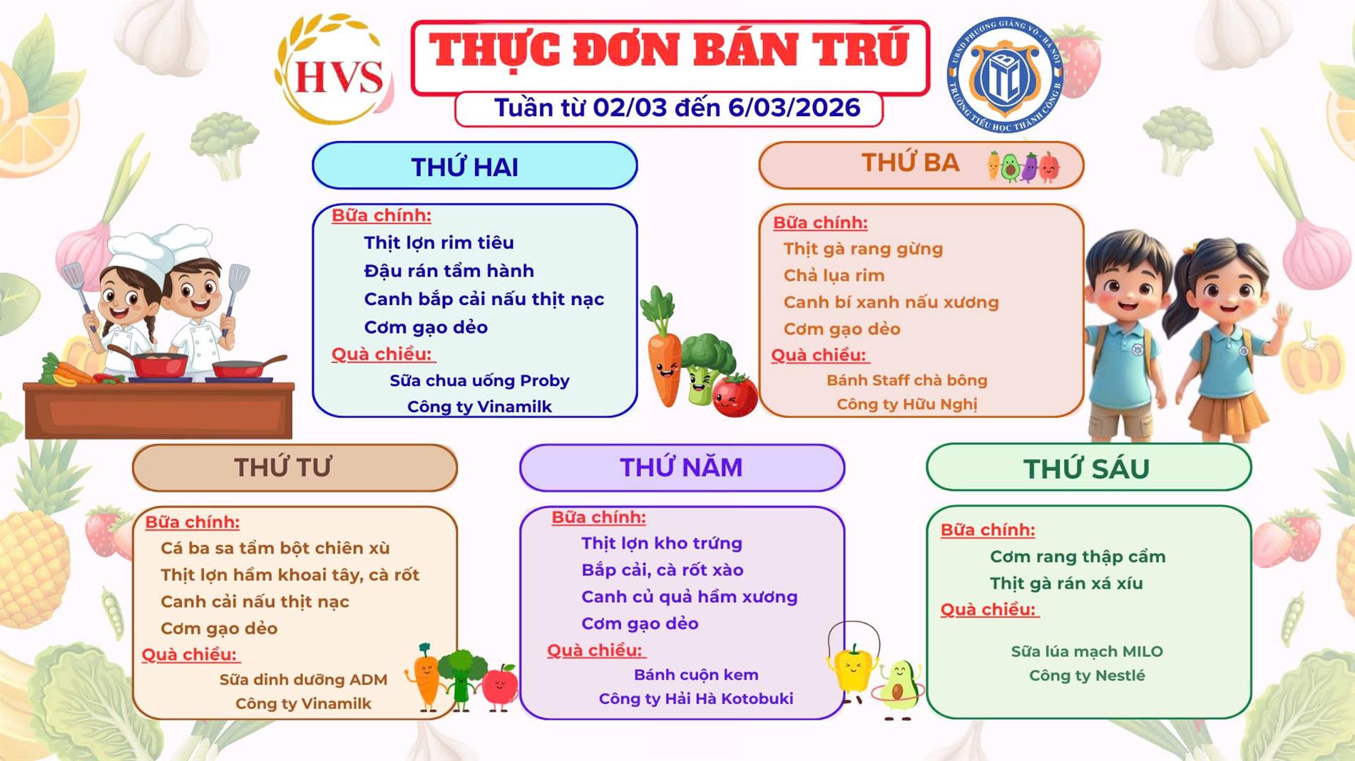Thực đơn bán trú từ ngày 2/3 đến ngày 6/3