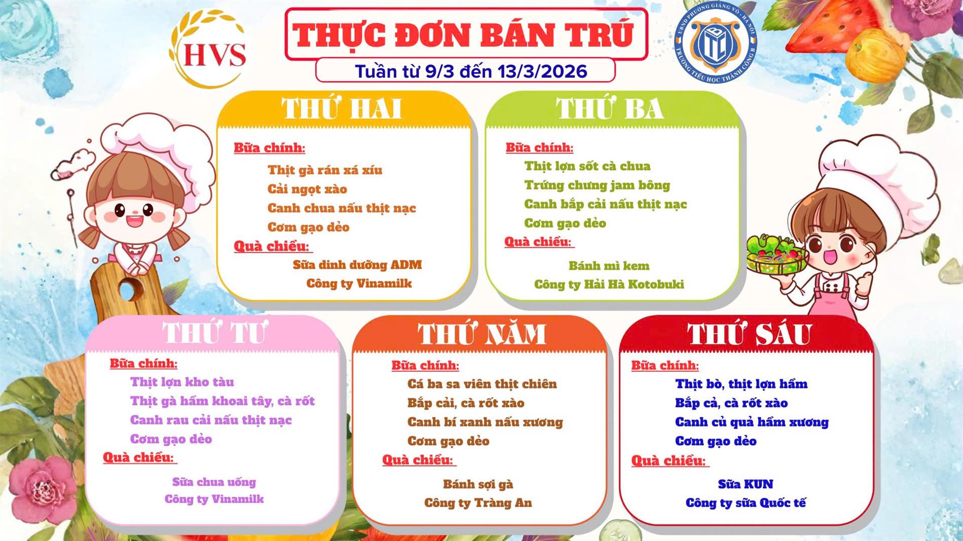 Thực đơn bán trú từ ngày 09/3 đến ngày 13/3