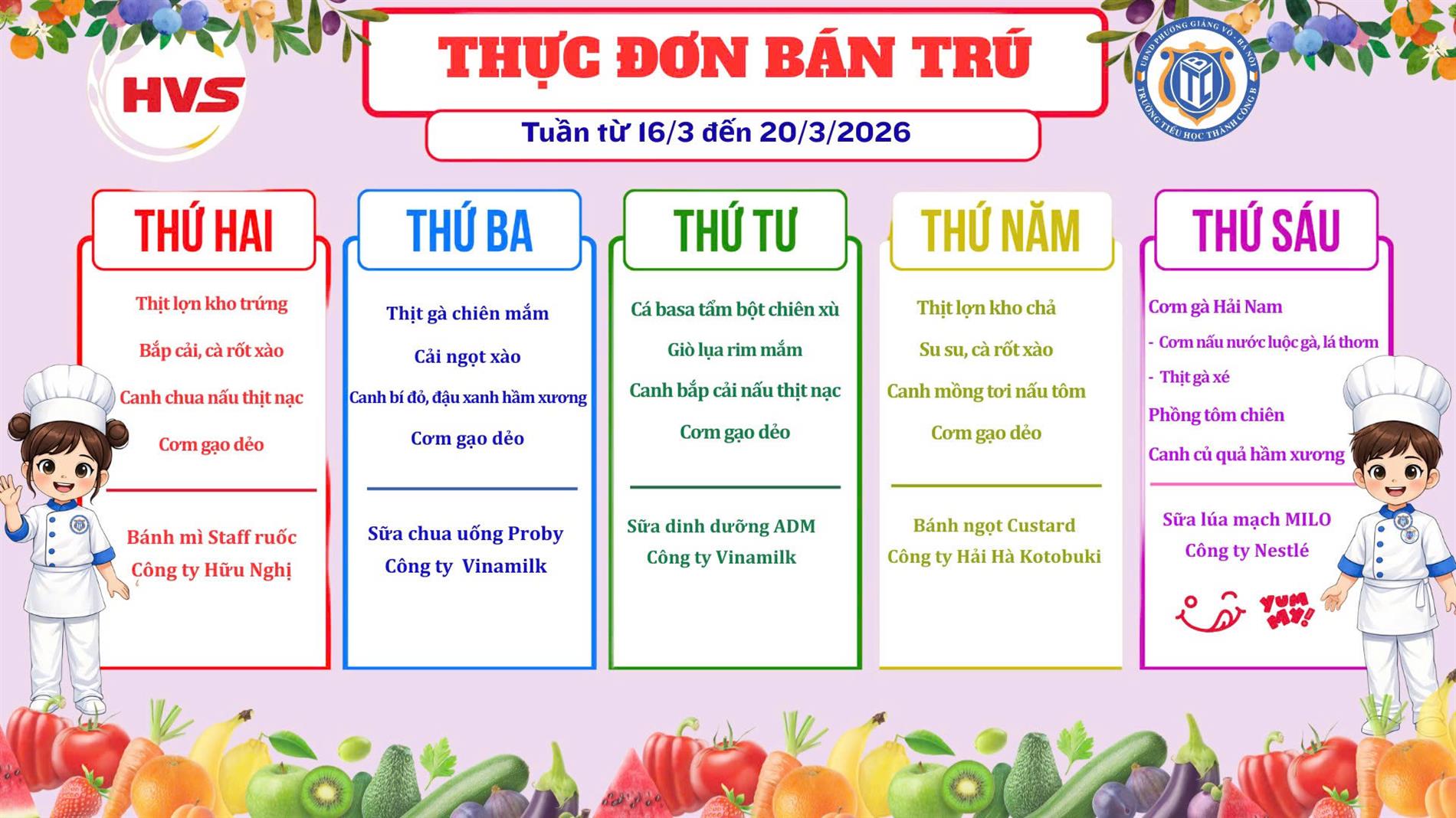 Thực đơn bán trú từ ngày 16/3 đến ngày 20/3