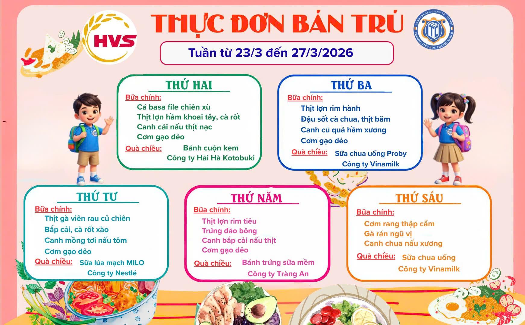 Thực đơn bán trú từ ngày 23/3 đến ngày 27/3