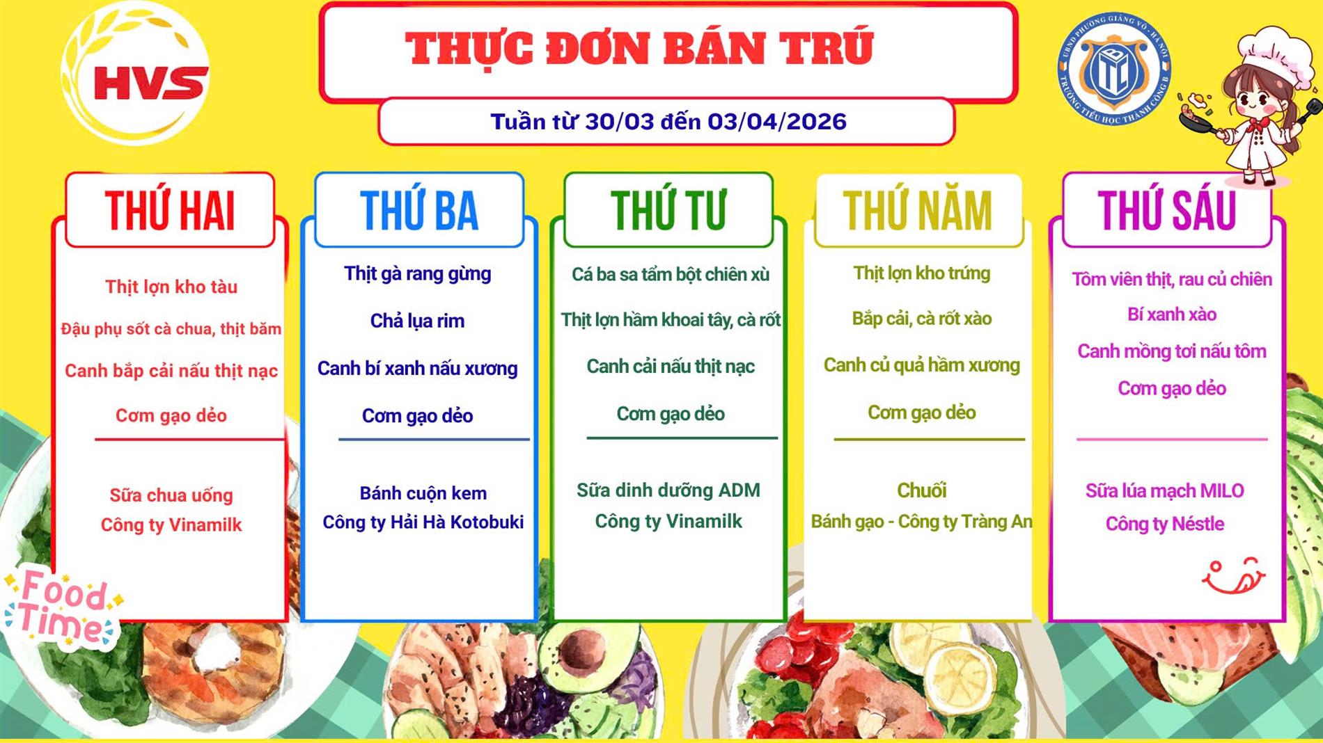 Thực đơn bán trú từ ngày 30/3 đến ngày 03/4