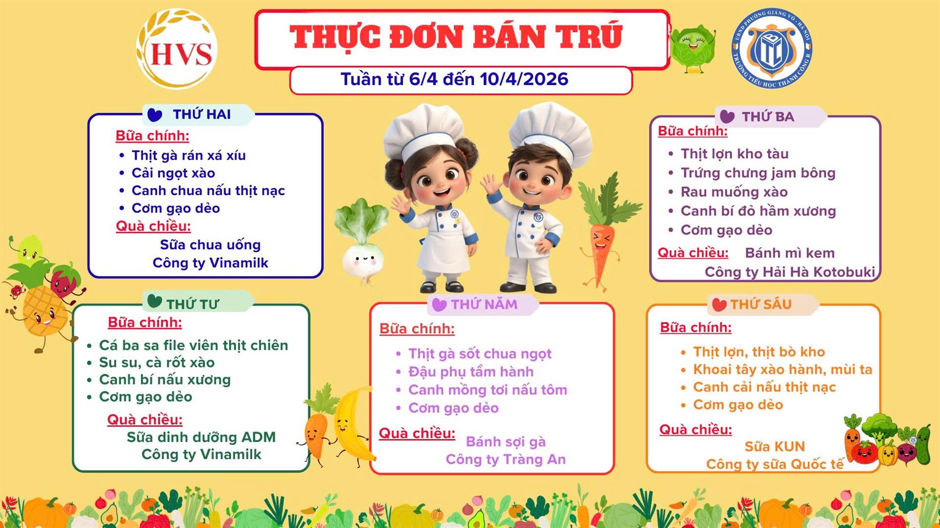 Thực đơn bán trú từ ngày 06/4 đến ngày 10/4