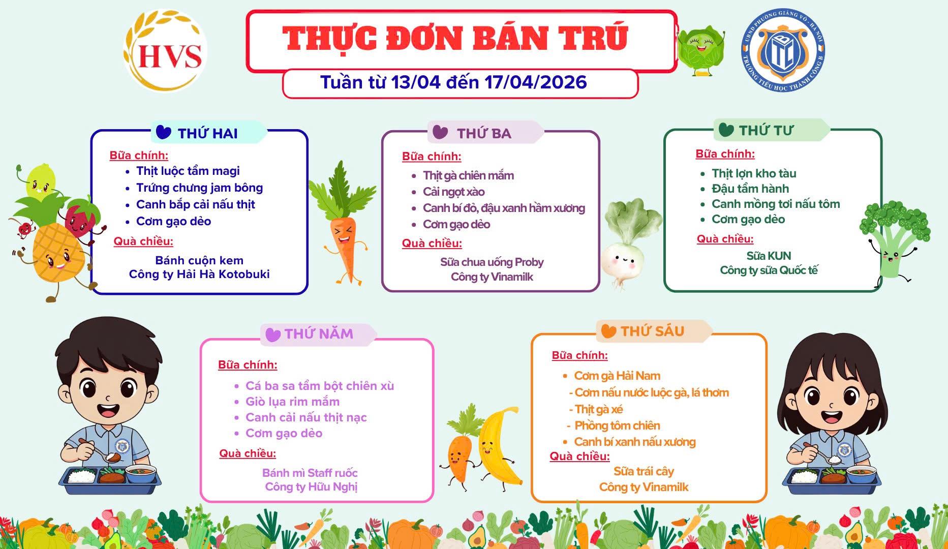 Thực đơn bán trú từ ngày 13/4 đến ngày 17/4