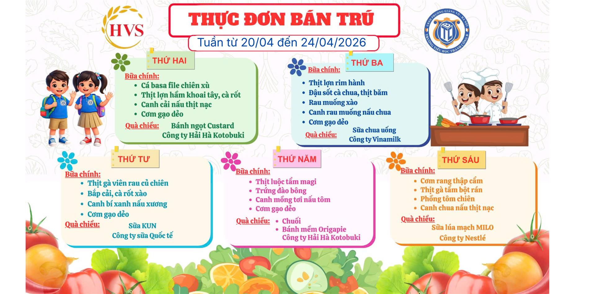 Thực đơn bán trú từ ngày 20/4 đến ngày 24/4