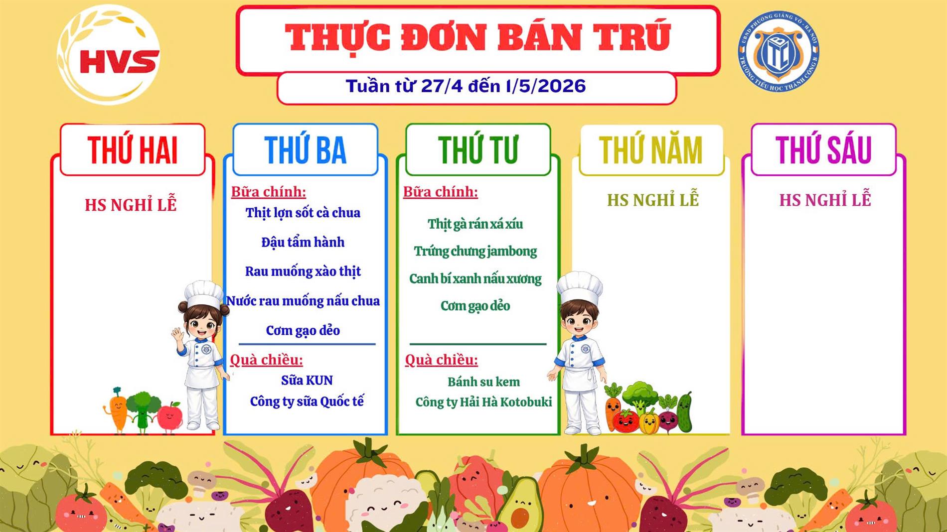 Thực đơn bán trú từ ngày 27/4 đến ngày 01/5