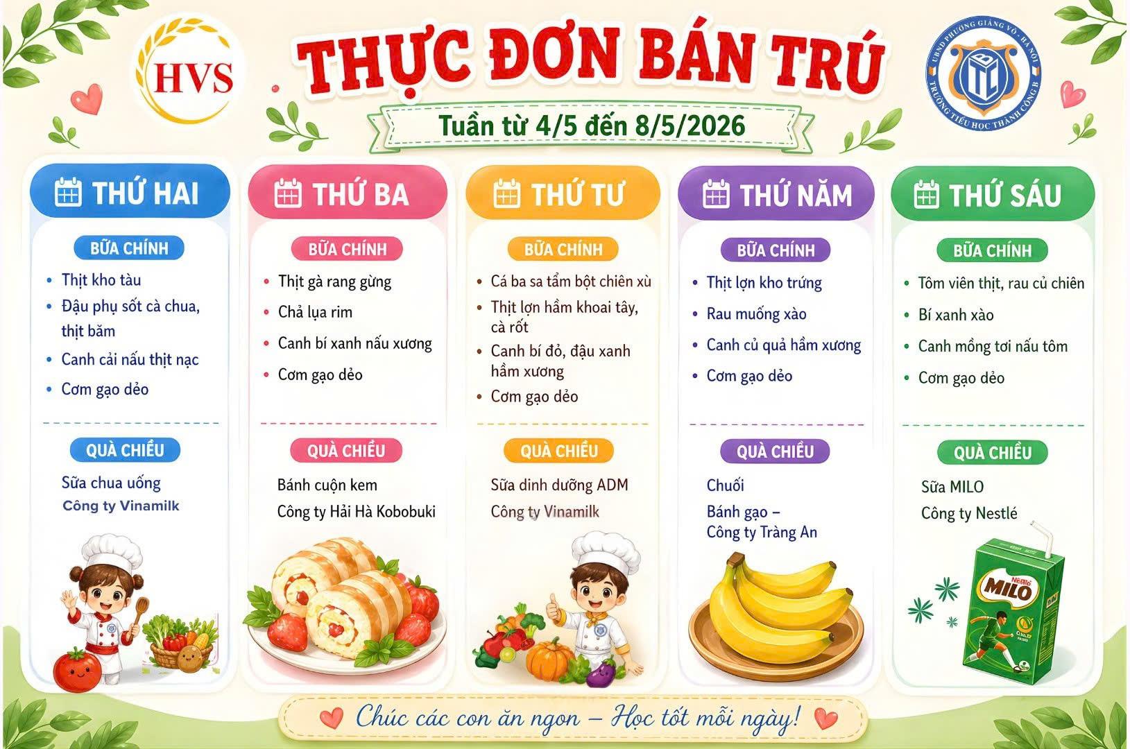 Thực đơn bán trú từ ngày 04/5 đến ngày 08/5