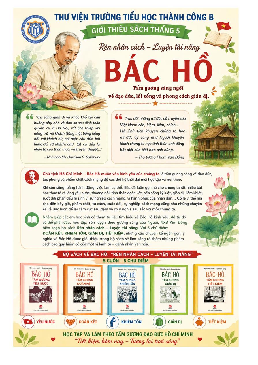 THƯ VIỆN TRƯỜNG TIỂU HỌC THÀNH CÔNG B  GIỚI THIỆU SÁCH THÁNG 5  RÈN NHÂN CÁCH – LUYỆN TÀI NĂNG  BÁC HỒ – TẤM GƯƠNG SÁNG VỀ ĐẠO ĐỨC, LỐI SỐNG VÀ PHONG CÁCH GIẢN DỊ