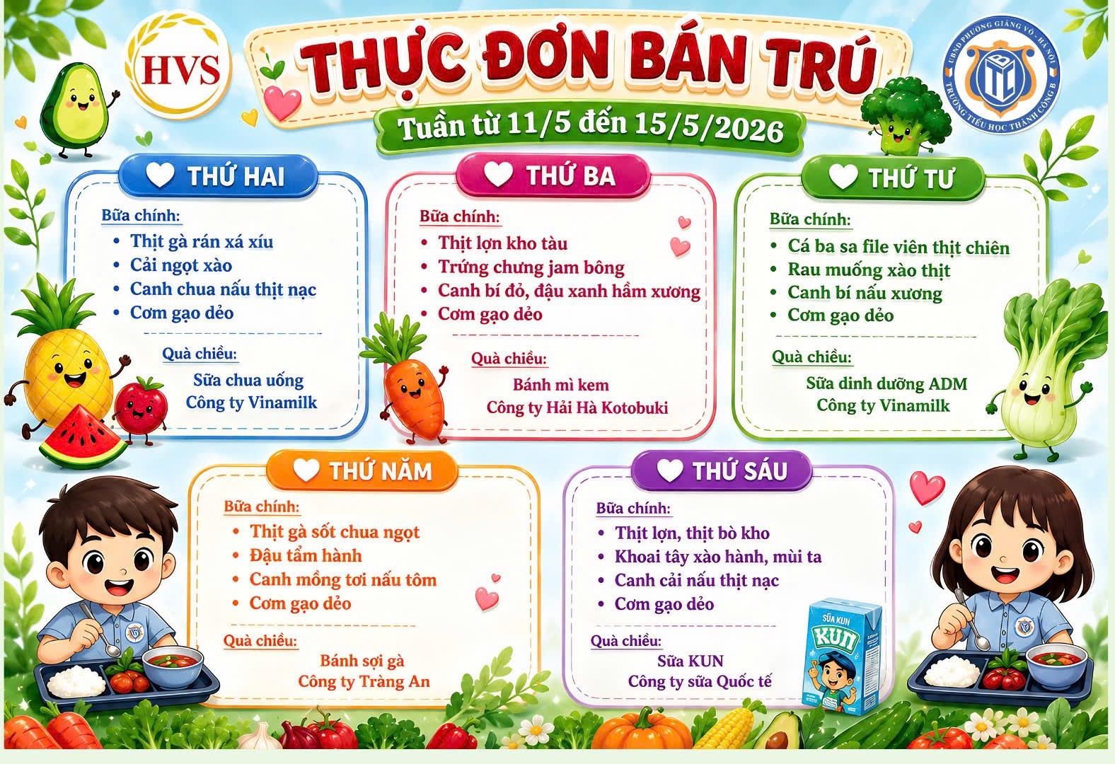 Thực đơn bán trú từ ngày 11/5 đến ngày 15/5