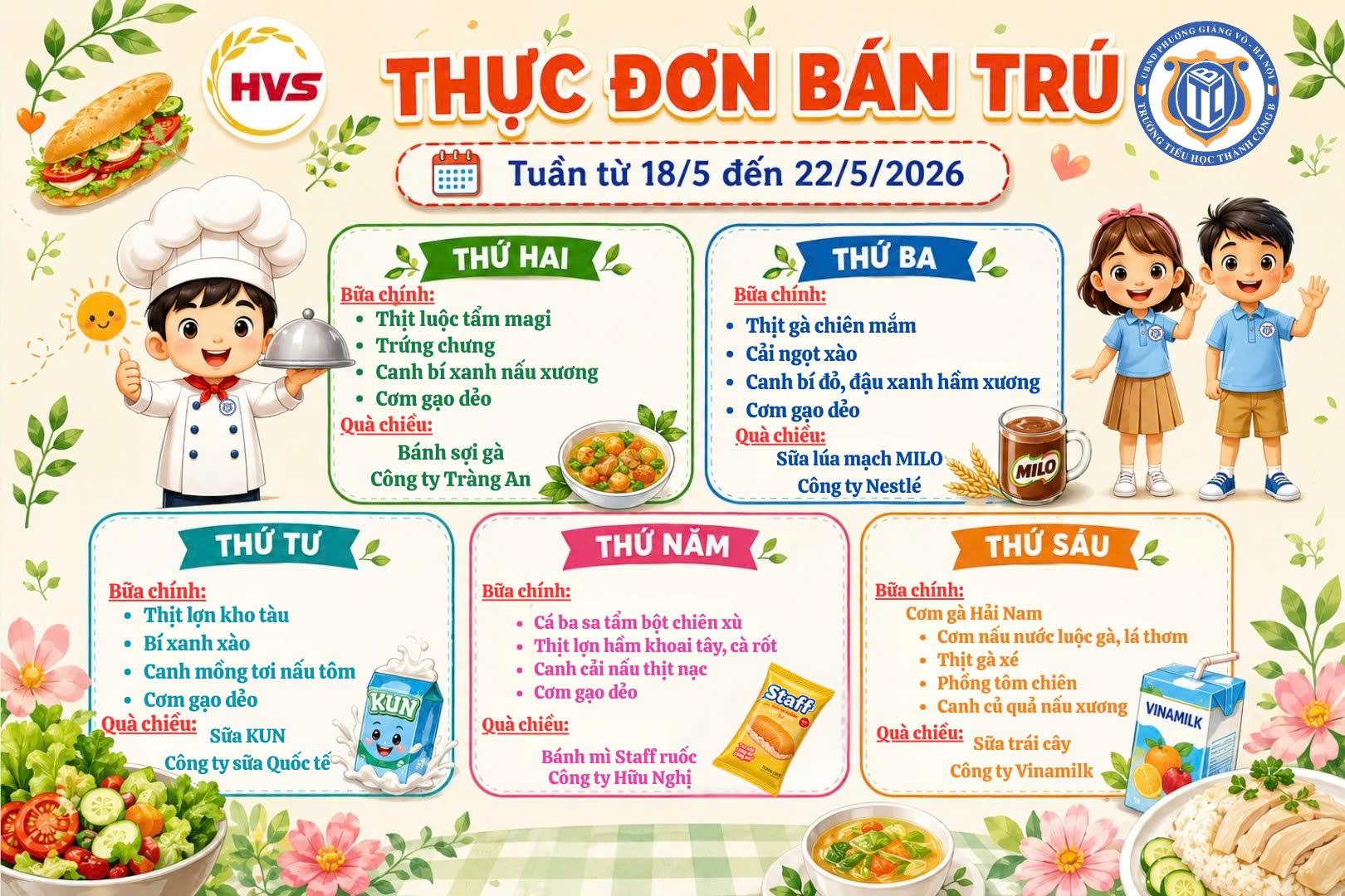 Thực đơn bán trú từ ngày 18/5 đến ngày 22/5