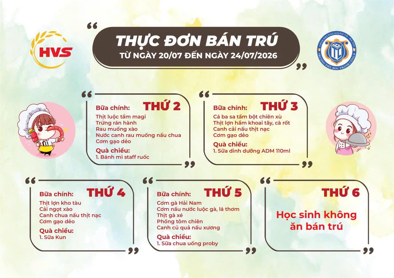 Thực đơn bán trú từ ngày 20/7 đến ngày 24/7