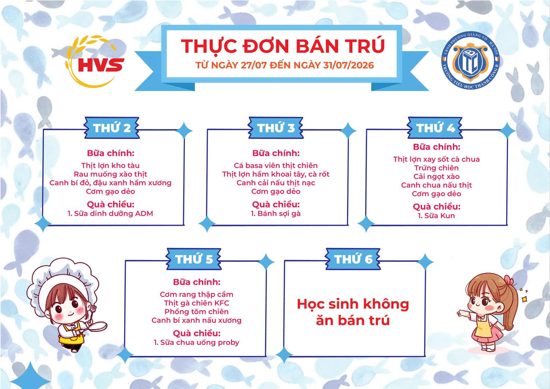 Thực đơn bán trú từ ngày 27/7 đến ngày 31/7
