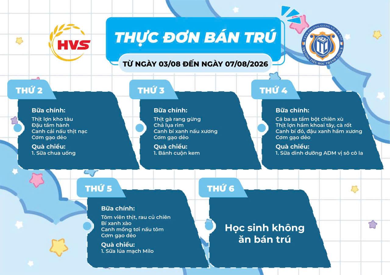 Thực đơn bán trú từ ngày 03/8 đến ngày 7/8