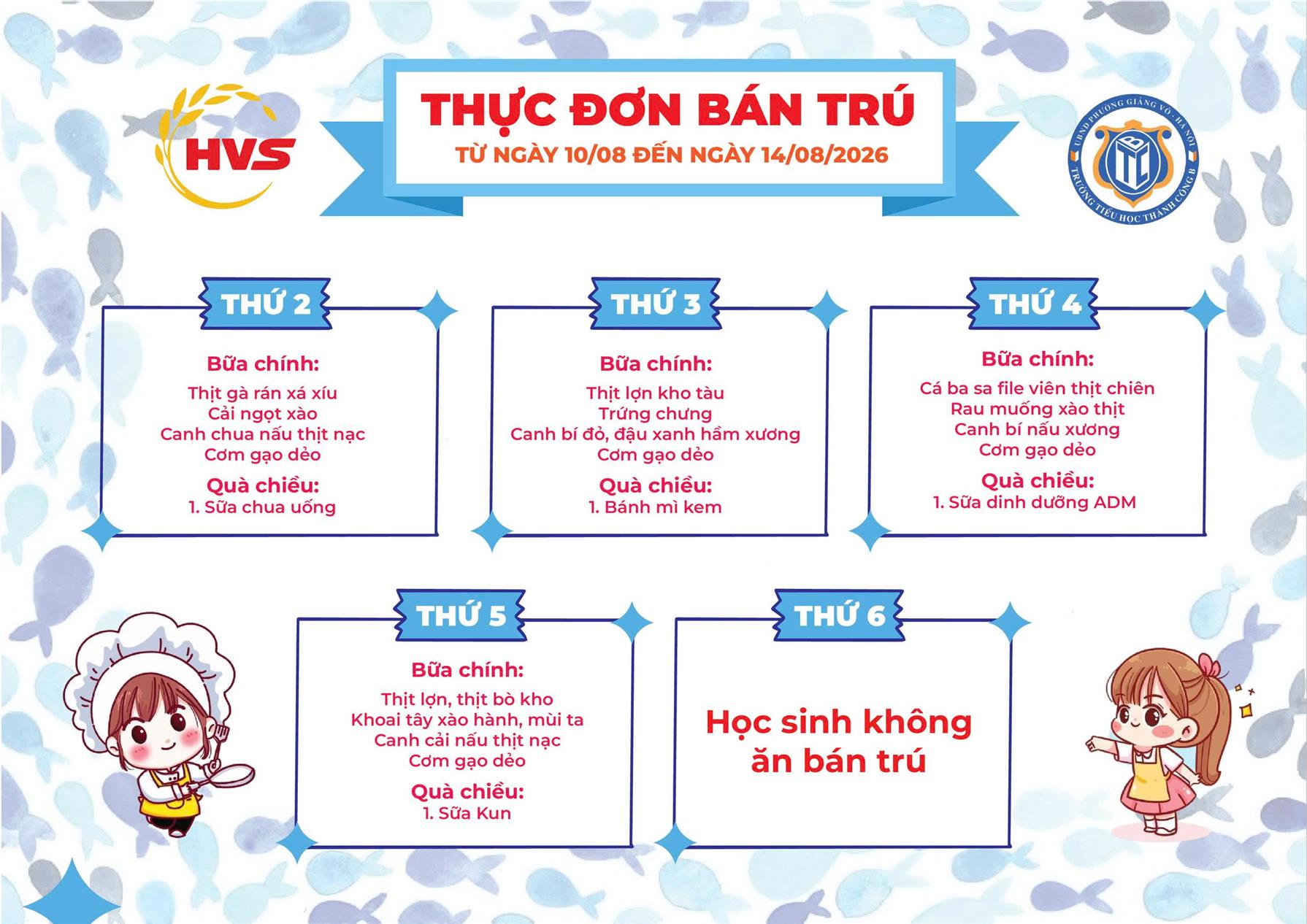 Thực đơn bán trú từ ngày 10/8 đến ngày 14/8