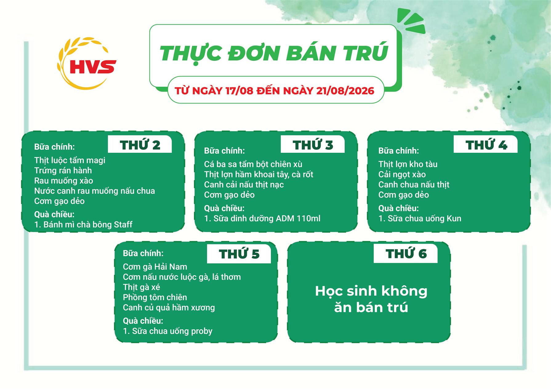 Thực đơn bán trú từ ngày 17/8 đến ngày 21/8