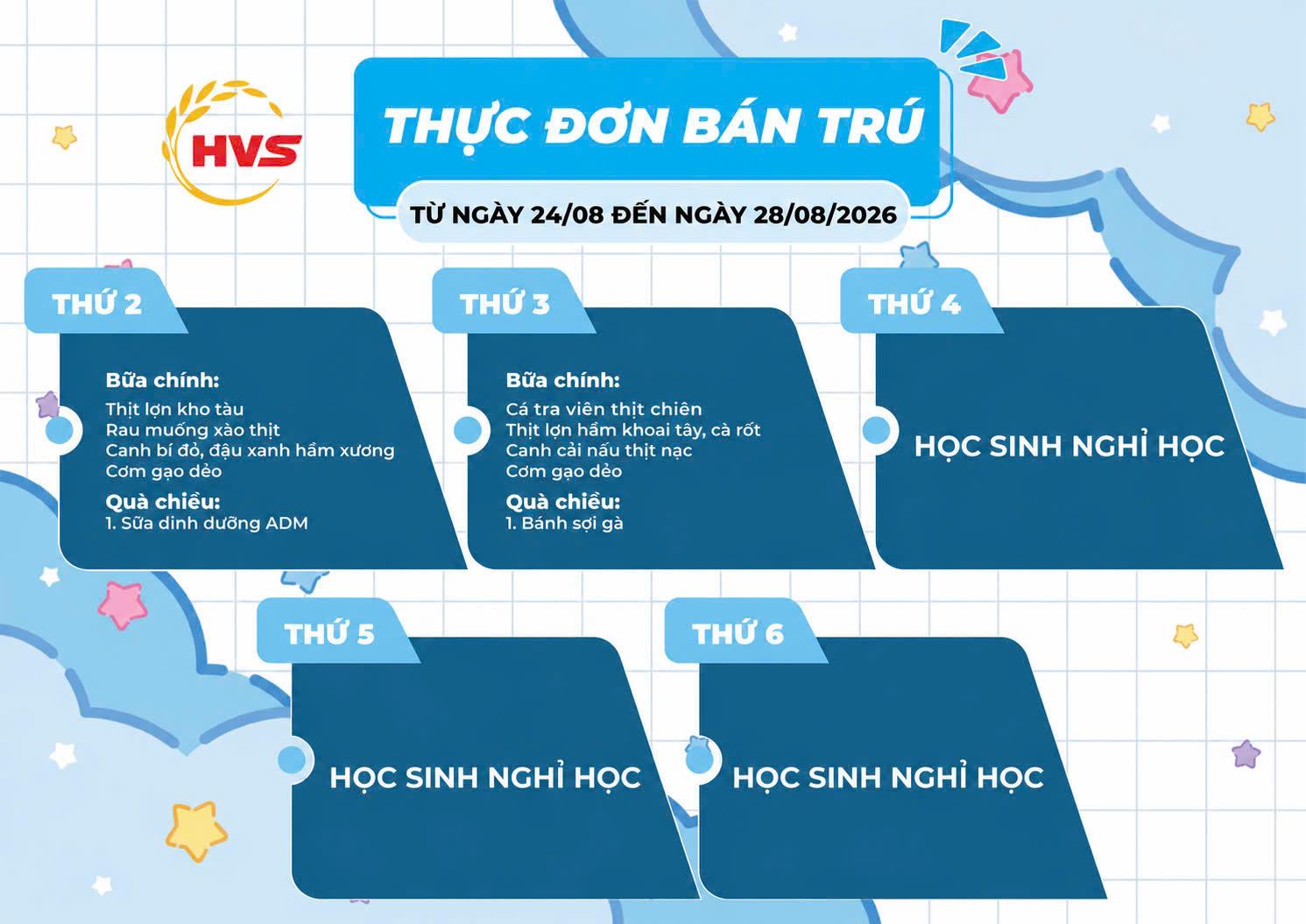 Thực đơn bán trú từ ngày 24/8 đến ngày 28/8