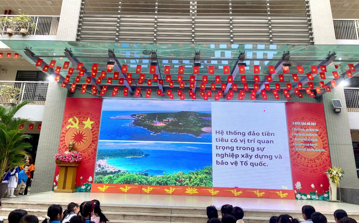 A large screen with flags from the ceiling
AI-generated content may be incorrect.